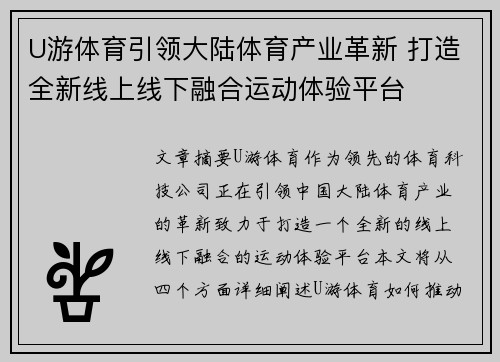 U游体育引领大陆体育产业革新 打造全新线上线下融合运动体验平台